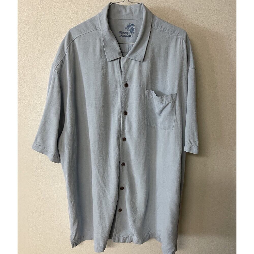 TOMMY BAHAMA Silk Shirt Men's 2XL Hawaiian Camp Blue Top Stitch